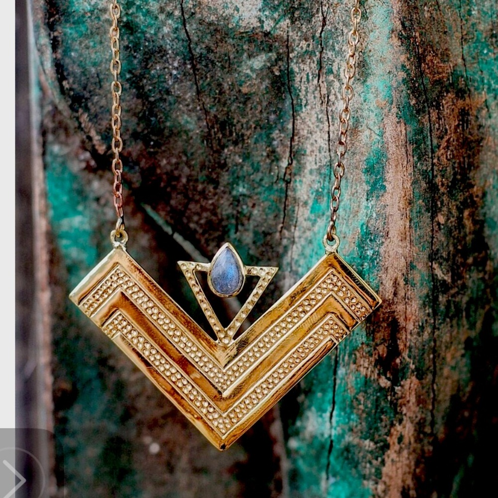 Hammered brass laboradorite Berber influenced design artisan Pendant Necklace